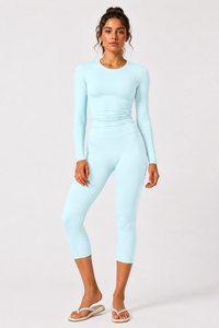 Women's Brushed Crew Neck Long Sleeve T-shirt And Capri Yoga Set