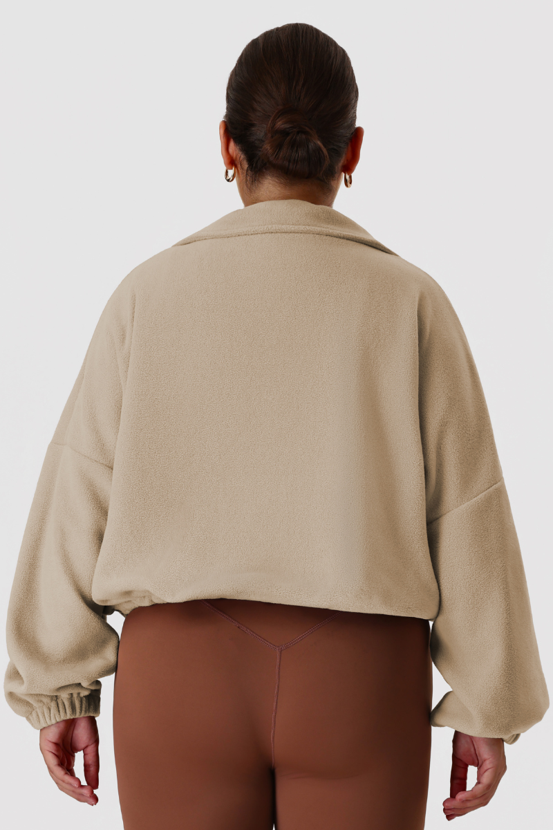 Plus Size Women's Double-Sided Fleece Cropped Drawstring Stand Collar Jacket