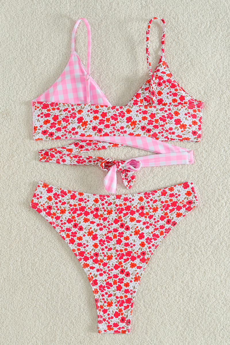 Women's V-Neck Floral Gingham Patchwork Bikini Set