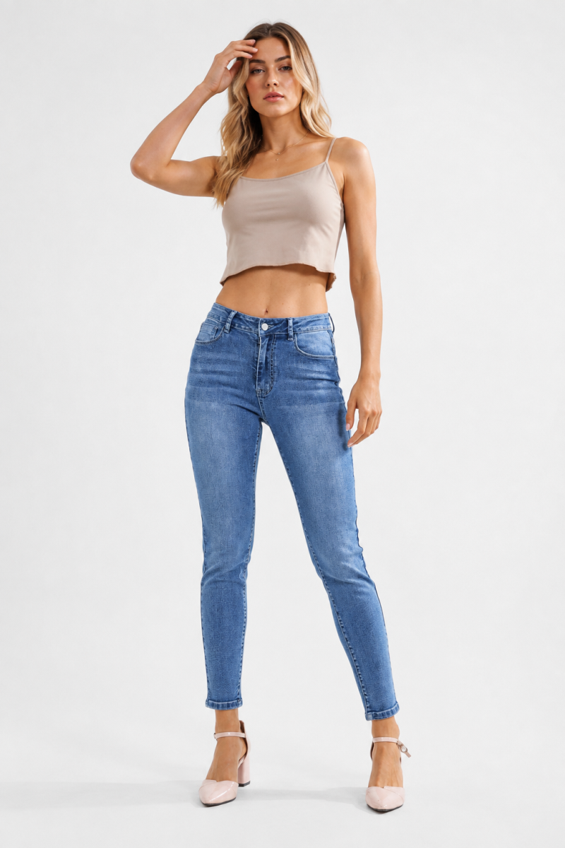Women's High Classic Blue Wash Stretch Skinny Cropped Jeans