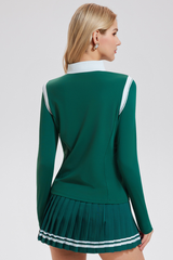 Women's Color-Block Set:Polo Collar Top & Pleat Mini Skirt