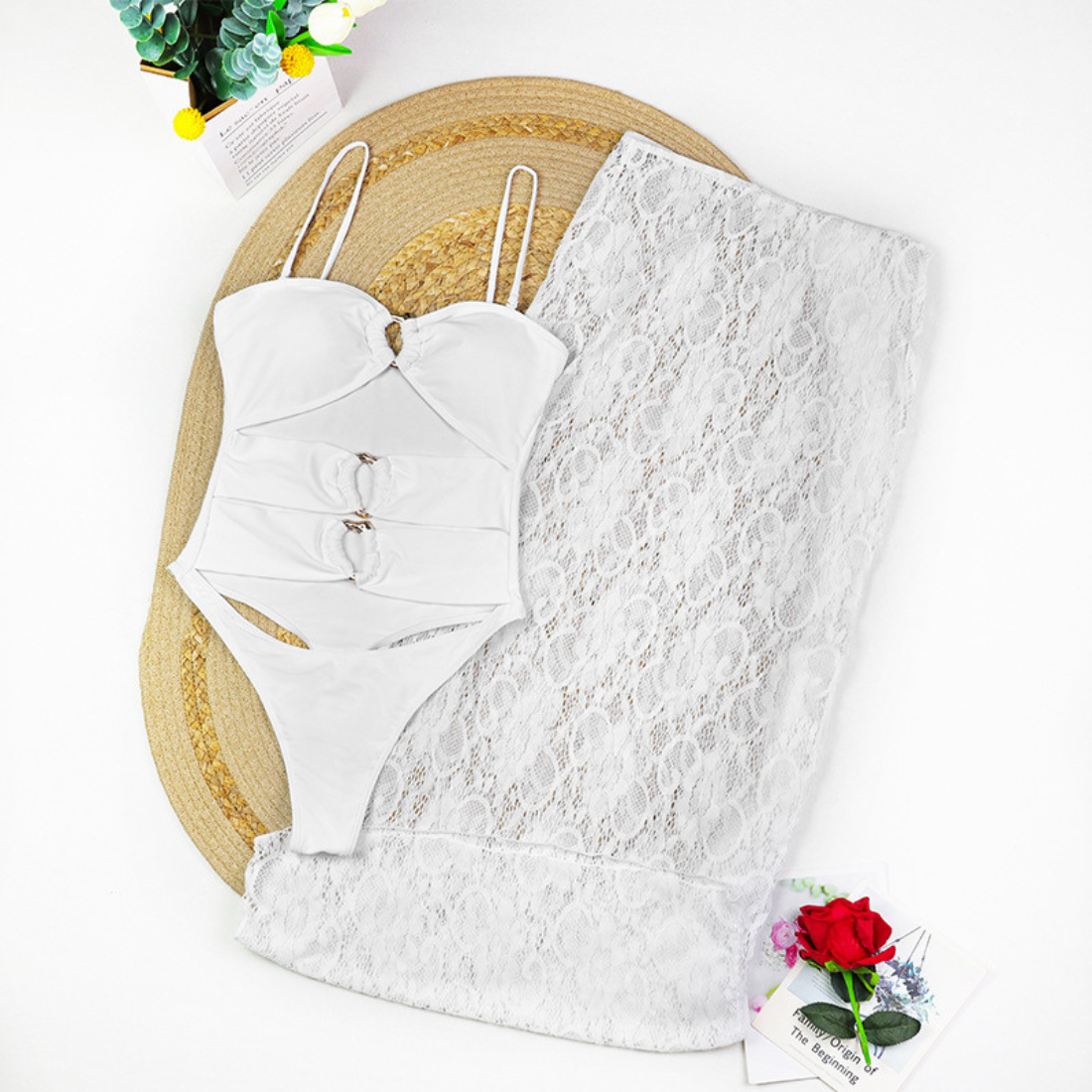 Women's Metal Button Strapless Lace One Piece Swimsuit