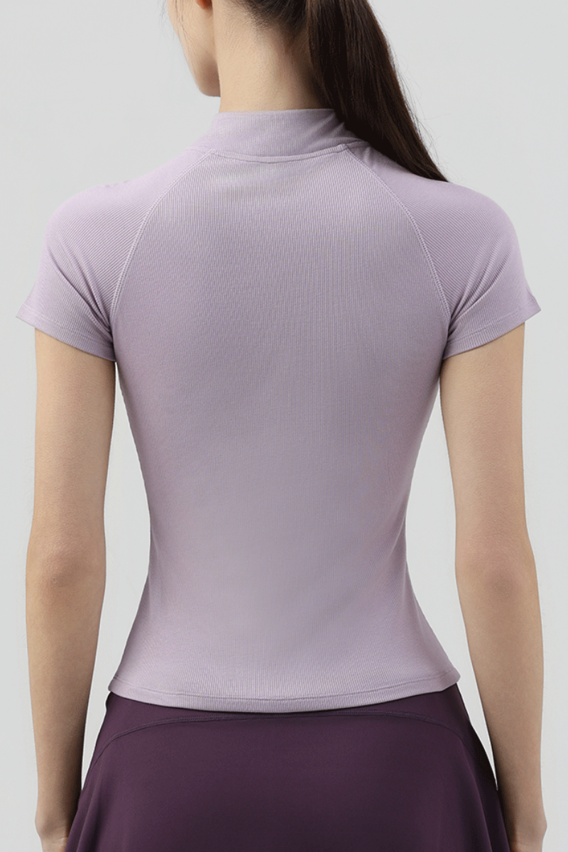 Women's Half Zip Stand Collar Slim Fit Short Sleeve Top