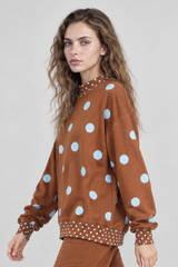 Women's Fall Color Block Polka Dot Mockneck Sweatshirt