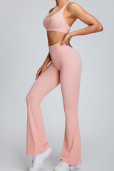 Women's Athletic Set:U-neck Cross Back Bra And Flare Pants