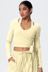 Women’s Criss-Cross Waist Straps Halterneck Long-Sleeve Top