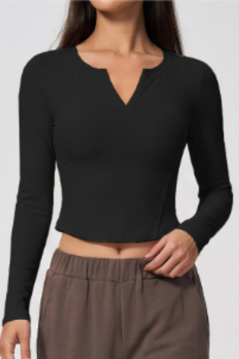 Women's Fall V-neck Slim Fit Ribbed Cropped Long Sleeve Top