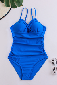 Women's Deep V Ruched High Waist Backless One Piece - Solid