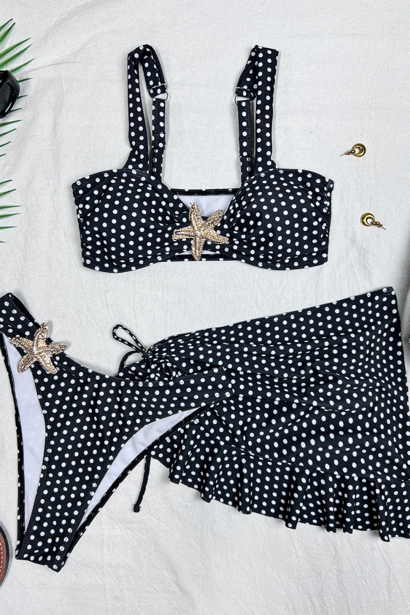 Women's Summer Polka Dot Starfish Ruffle 3-Piece Bikini Set