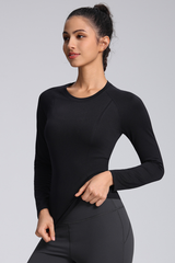 Women's Fall Seamless Knit Crew Long Sleeve Fitted Sport Top