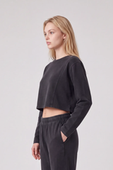Women's 100% Cotton Washed Cropped Patchwork Cut Sweatshirt