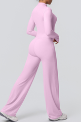 Women's Set:Collared Zippered Jacket And Wide Leg Pants