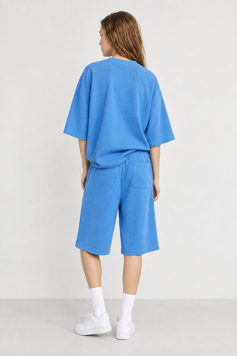 Women's Waffle Knit Set:Loose Fit T-shirt &Knee Length Short