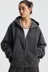 Rustic-style zipper-front pullover hoodie