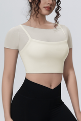 Women's Summer Athletic Mesh Stitched Mock Two-Piece Tee