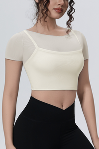 Women's Summer Athletic Mesh Stitched Mock Two-Piece Tee