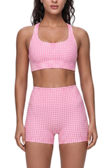 Women's Athletic Plaid Print Y-Back Bra And Shorts Yoga Set