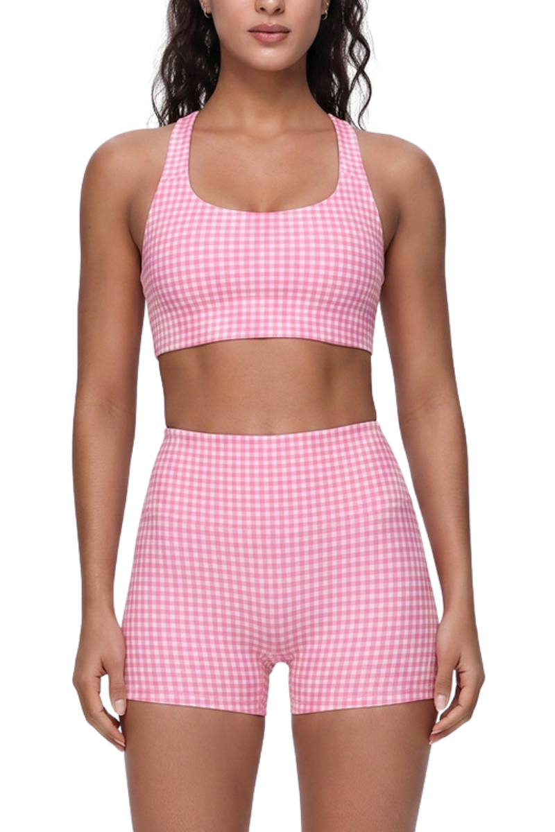 Women's Athletic Plaid Print Y-Back Bra And Shorts Yoga Set