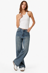 Women's 100% Cotton High Waist Wash Straight Leg Jeans