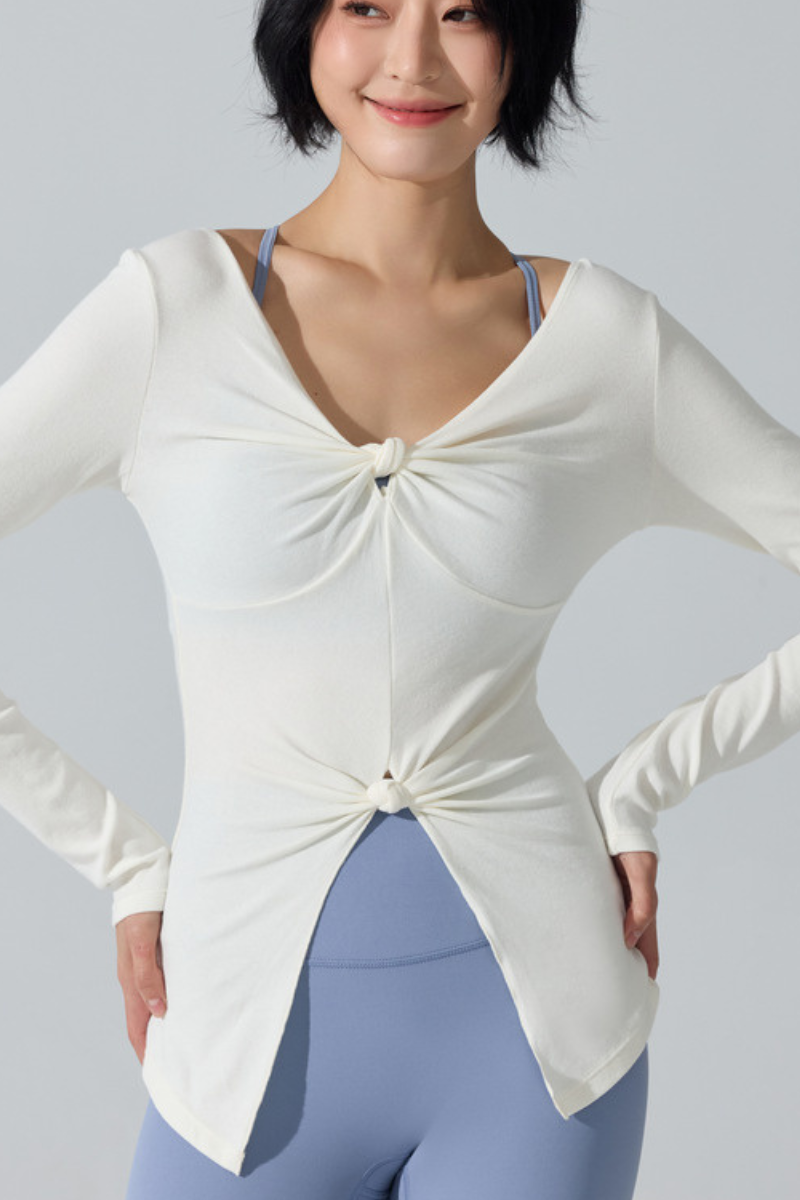 Women's Ribbed Double Twist Split V Neck Pilates Slim Fit Top