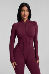 Women's Stand Collar Seam Detail Yoga Long Sleeve Jumpsuit