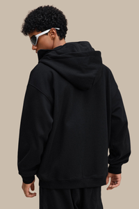 Hooded zip-up sweatshirt.