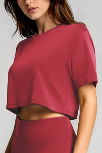 Women's Basic Crew Neck Loose Cropped Sports T-shirt