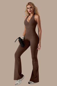 Women's V-neck Halterneck Backless Flared Sport Jumpsuit