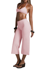 Women's Halter V-Neck Triangle Cup Sports Bra & High-Waist 7/8 Wide-Leg Yoga Pants Set