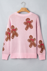Women's Winter Christmas Pink Gingerbread Man Knit Sweater