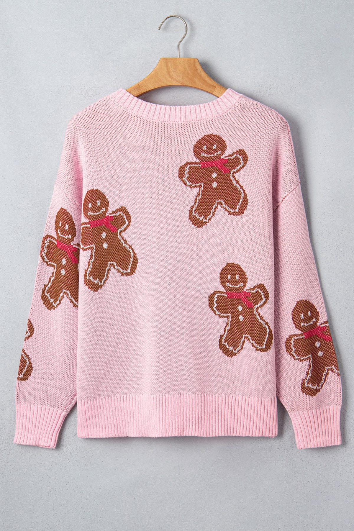 Women's Winter Christmas Pink Gingerbread Man Knit Sweater