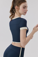 Women Slim Color Block V neck Cropped Yoga Athletic Tee
