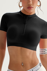 Women's Half-Zip Stand Collar Cropped Short-Sleeved Top