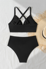 Women's V-Neck Cross Back High Waist Ruched Solid Bikini