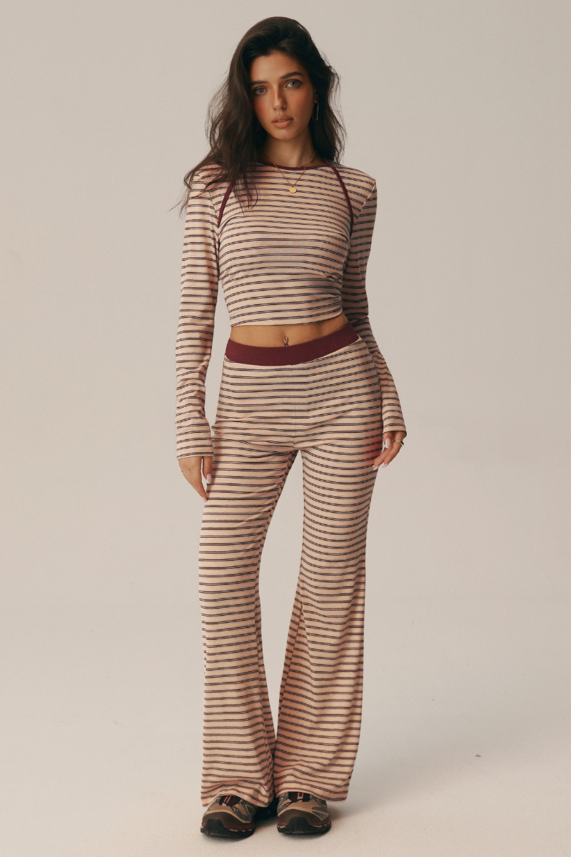 Women's Fall Striped Crew Neck Long Sleeve Top and Pants Set