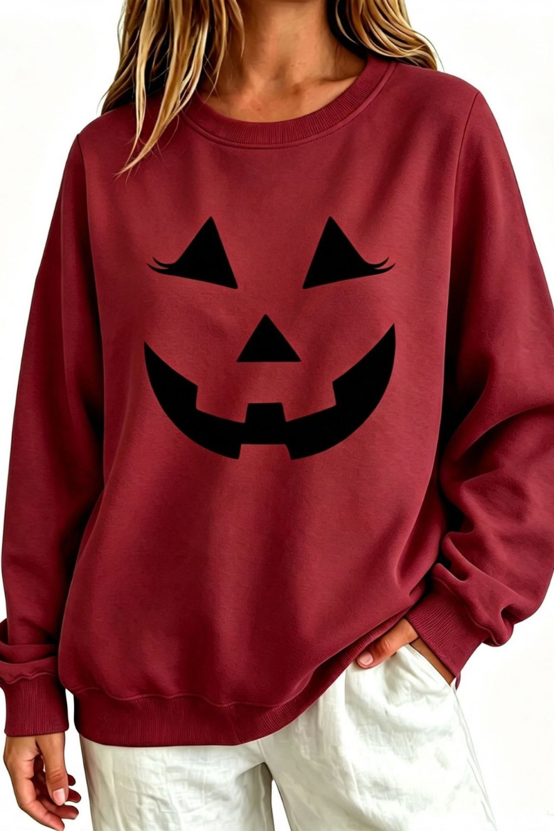 Women's Fall Halloween Pumpkin Face Print Relaxed Sweatshirt
