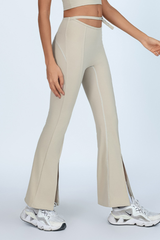 Women's Sports Buckle Waist Cutout Flare Pants with Slit