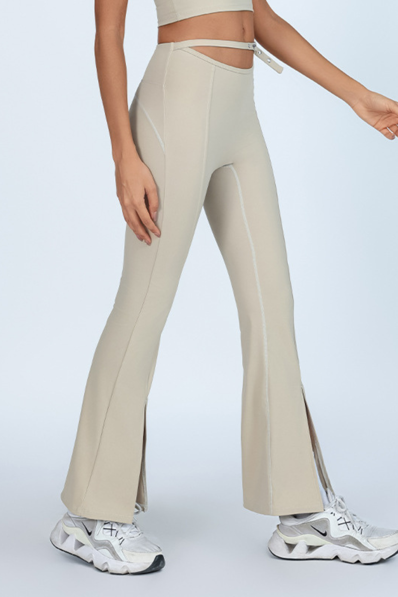 Women's Sports Buckle Waist Cutout Flare Pants with Slit
