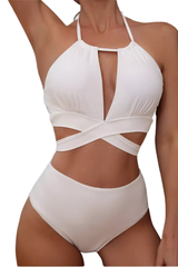 Women's Halter Back Bow High Waist Bikini Set - Solid