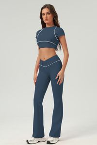 Women's Color‑Contrast Cropped T-shirt & Flared Pants Set