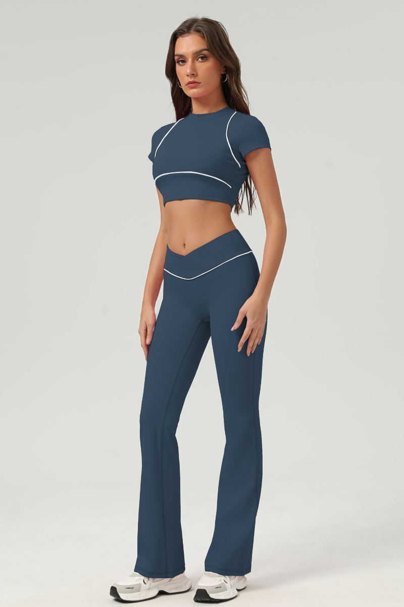 Women's Color‑Contrast Cropped T-shirt & Flared Pants Set