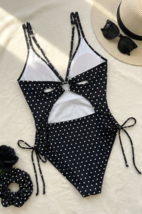 Women's Retro Polka-Dot Side Drawstring V-neck Swimsuit