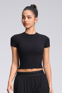 Women's Summer Solid Slim Fitted Cropped Athletic Yoga Tee