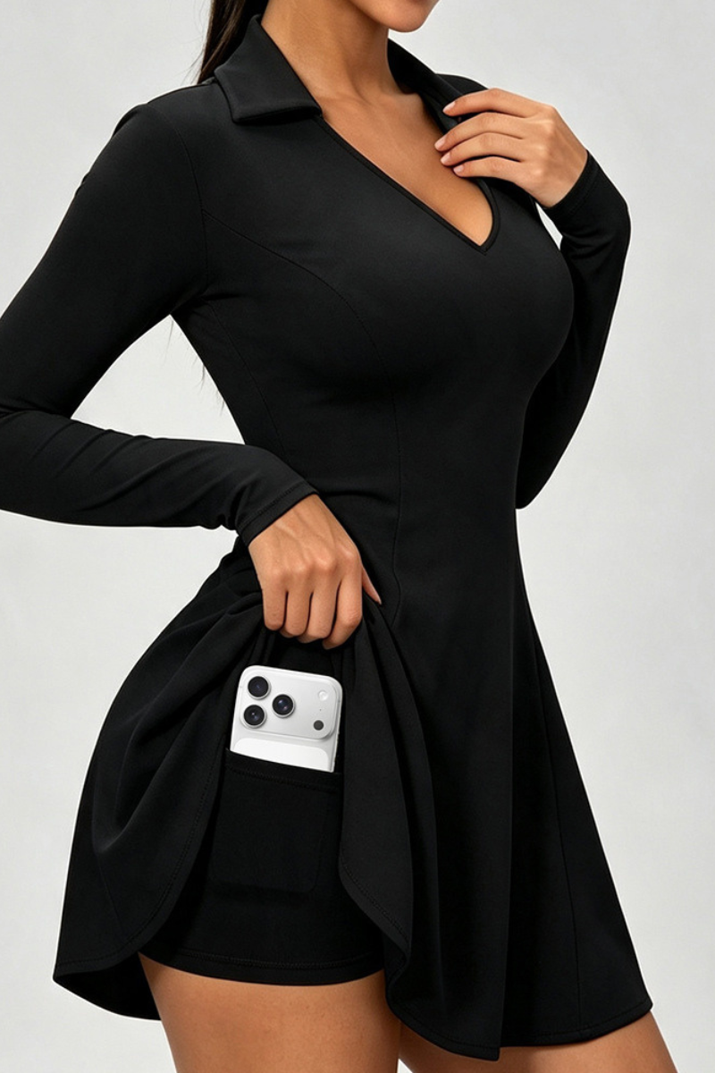 Women's Polo Collared V Neck Dress And Shorts Tennis Set