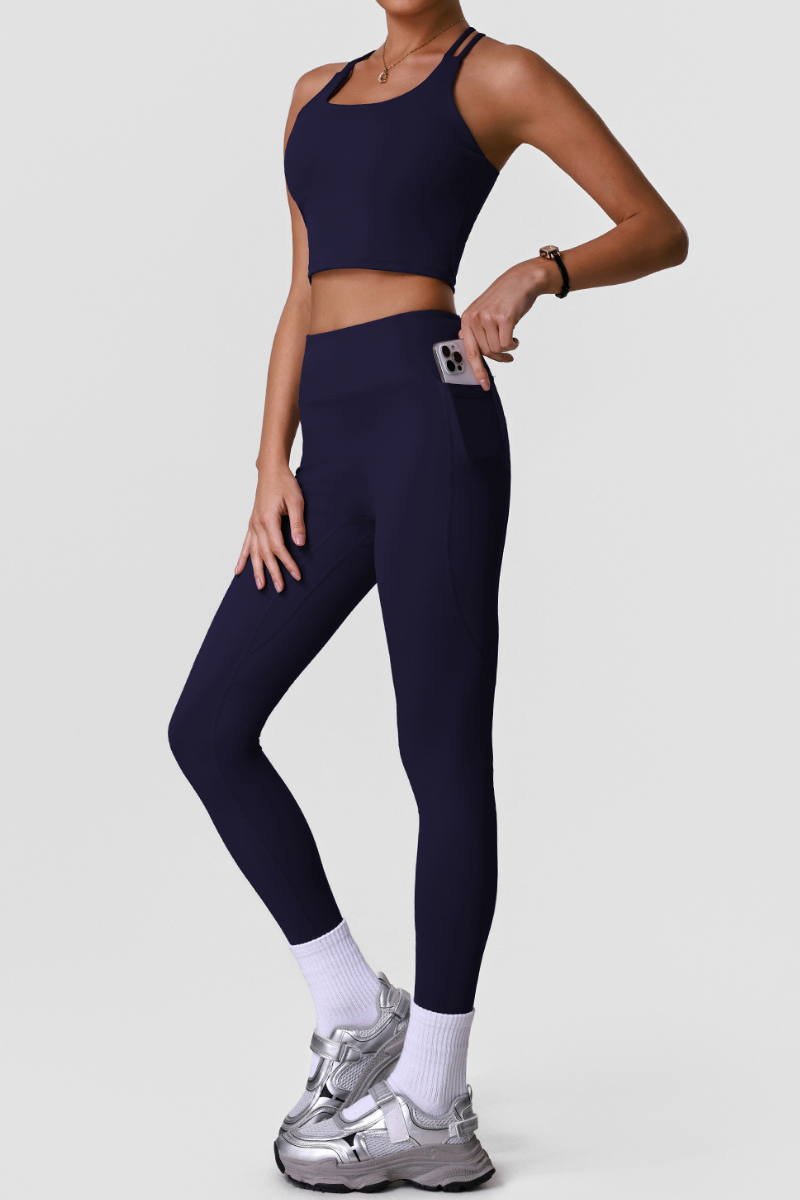 Women's Sports Sets:Cross Back Bra And Side Pocket Leggings