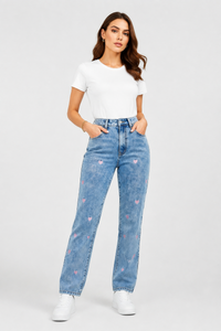 Women's Pink Heart Embroidered Straight Leg Jeans