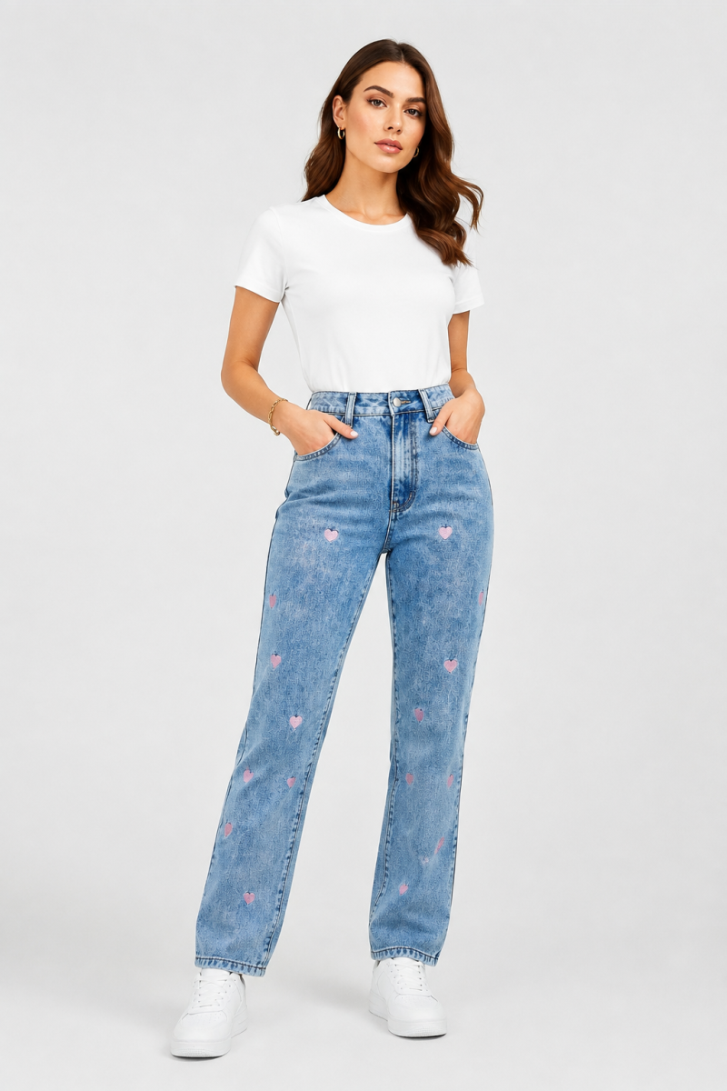 Women's Pink Heart Embroidered Straight Leg Jeans