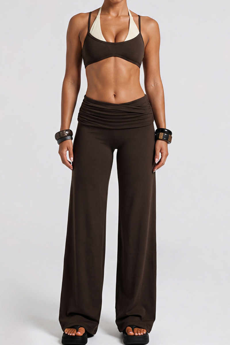 Women's Two-Piece Look Bra And Ruched Waist Wide-Leg Pants Yoga Set
