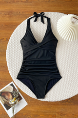 Women's V-neck Halterneck Pleated Solid Sexy Swimsuit
