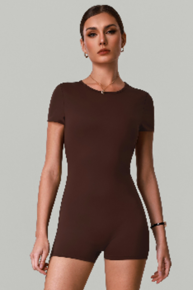 Women's Solid Open-Back Short-Sleeve Workout Jumpsuit